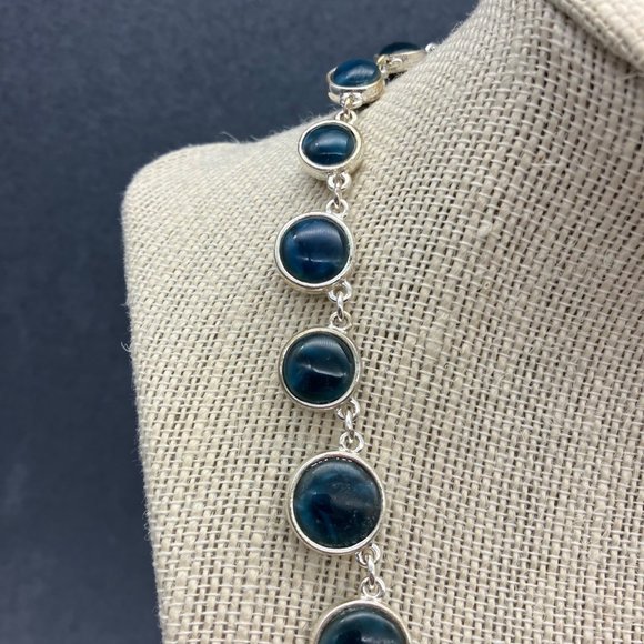 Teal Silver Bezeled Necklace As Is Dark Blue Round Chain Graduated Retro BoHo - Picture 2 of 8